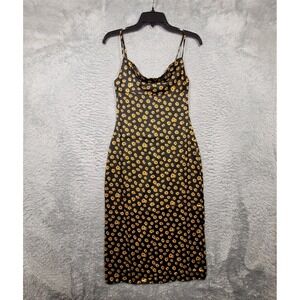 WEWOREWHAT Floral Sunflower Midi Slip Dress Cowl Neck Spaghetti Strap Black 0